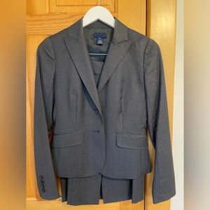J Crew grey pinstripe pencil skirt and suit jacket; jacket size 0, skirt size 0